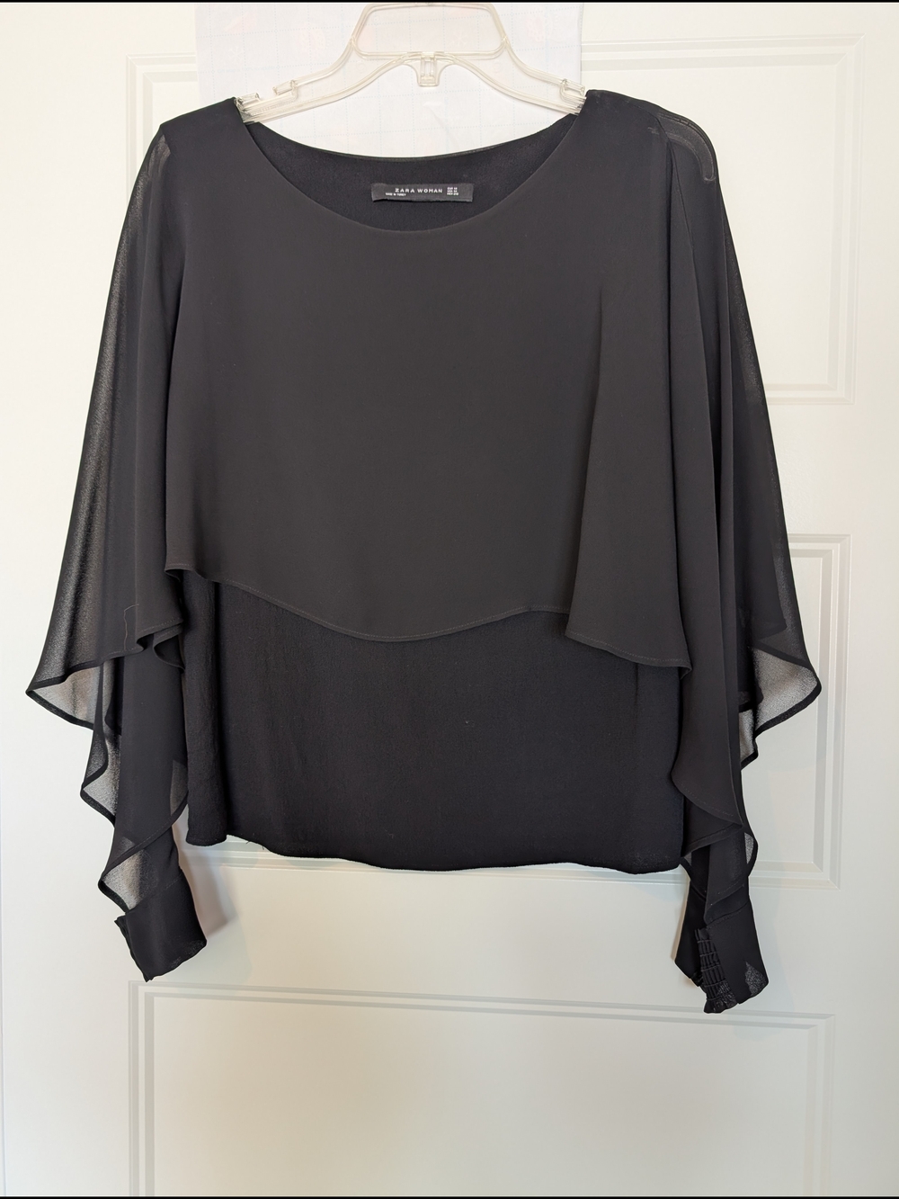Zara Black Layered Chiffon Cape Sleeve Blouse